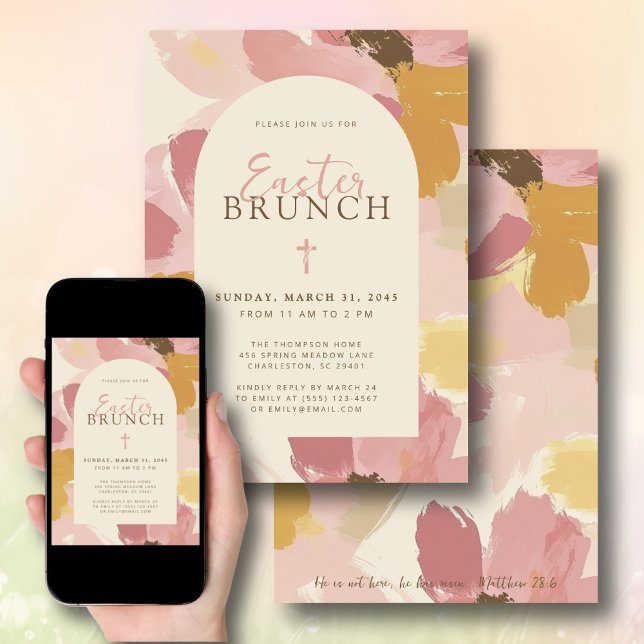  Easter Brunch Modern Pink Floral Cross Christian Invitation (Creator Uploaded)