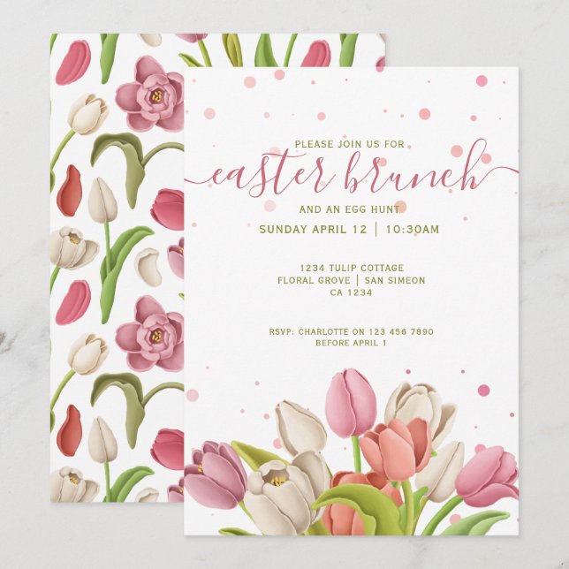 Easter Brunch Pink White Tulips Spring Flowers Invitation (Front/Back)