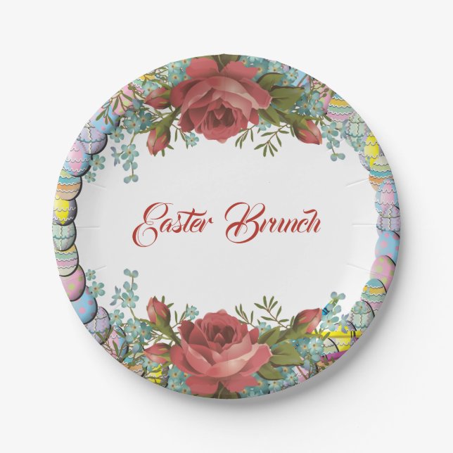 Easter Brunch Rustic Roses Egg Wreath Floral  Paper Plate (Front)