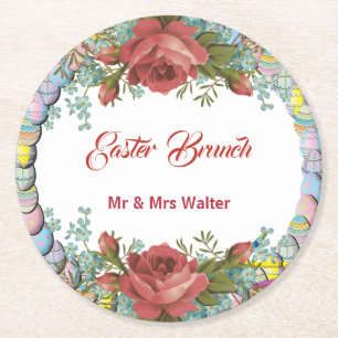 Easter Brunch Rustic Roses Egg Wreath Floral Round Paper Coaster