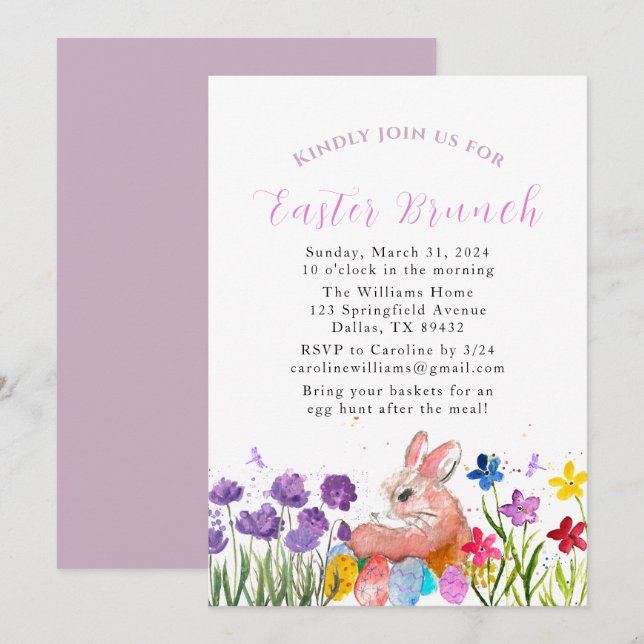 Easter Brunch Watercolor Bunny Rabbit Eggs Floral Invitation (Front/Back)
