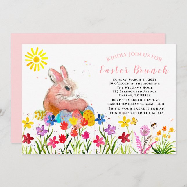 Easter Brunch Watercolor Bunny Rabbit Eggs Floral Invitation (Front/Back)