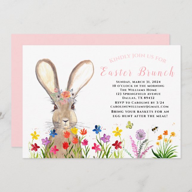 Easter Brunch Watercolor Bunny Rabbit Eggs Floral Invitation (Front/Back)