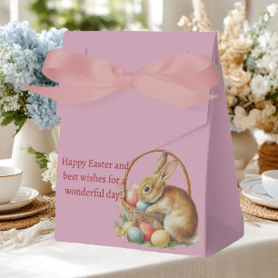 Easter, bunnies, and colorful eggs in a wicker bas favour box
