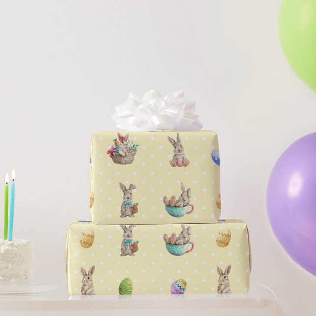 Easter Bunnies and Coloured Eggs Yellow Polka Dots Wrapping Paper (Party Gifts)