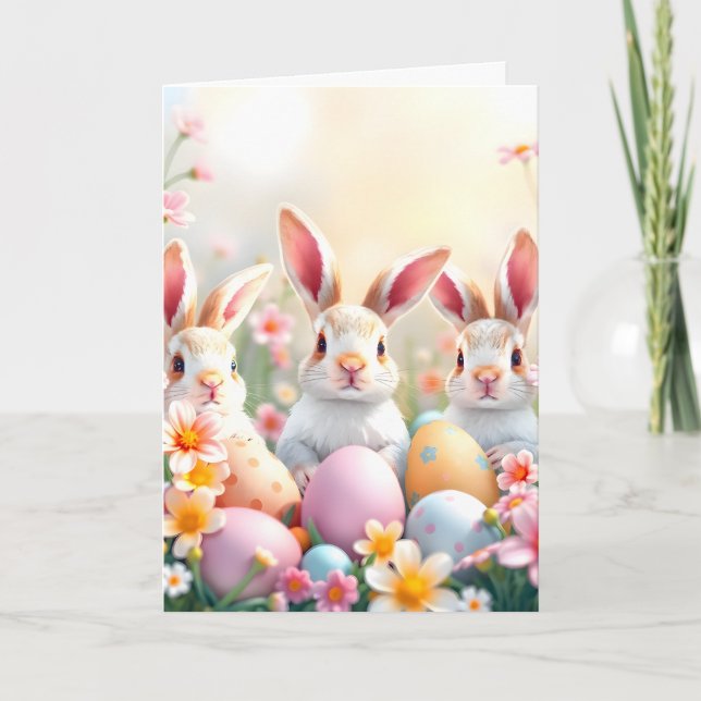 Easter Bunnies and Decorated Eggs Holiday Card (Front)