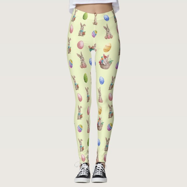 Easter Bunnies and Eggs Pattern on Yellow Leggings (Front)