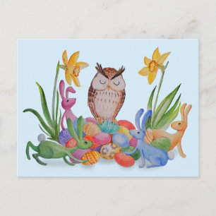 Easter bunnies and Owl Holiday Postcard