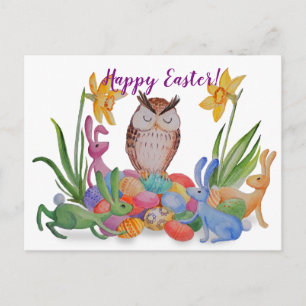 Easter bunnies and Owl Holiday Postcard