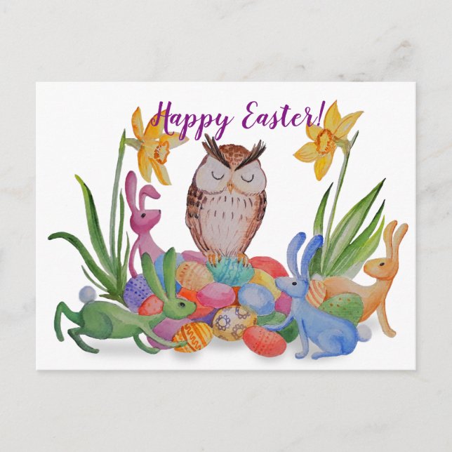 Easter bunnies and Owl Holiday Postcard (Front)