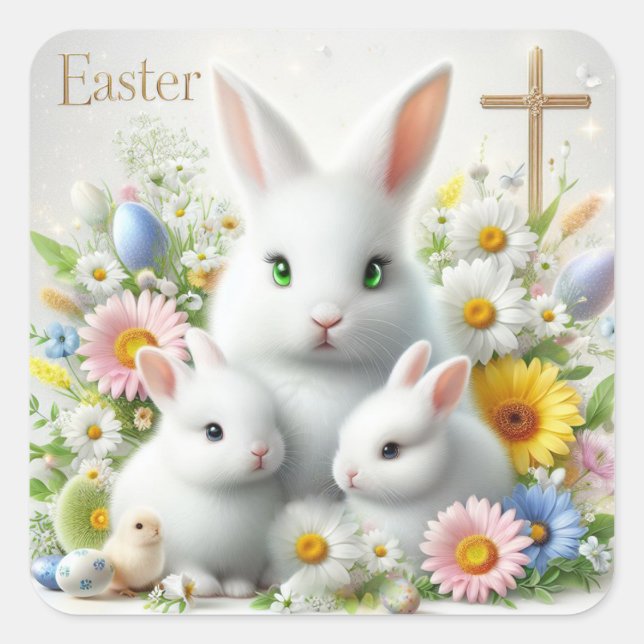 Easter Bunnies, Cross Envelope Seal Square Sticker (Front)