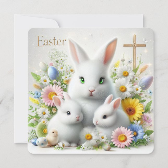 Easter Bunnies, Daisies, Wildflowers and a Cross Holiday Card (Front)