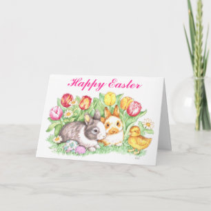 Easter Bunnies, Duckling and Tulips Holiday Card
