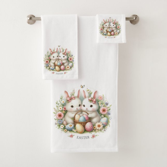 Easter Bunnies, Eggs and Flowers Bath Towel Set (Insitu)