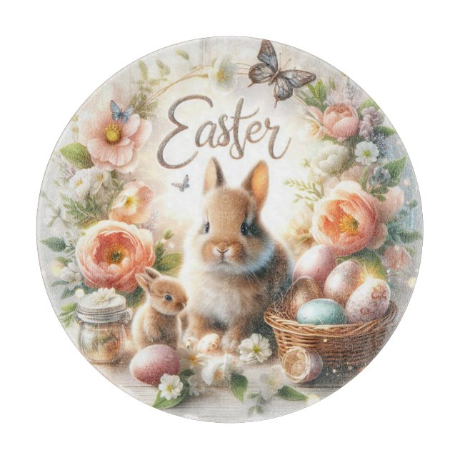 Easter Bunnies, Eggs and Flowers Cutting Board (Front)