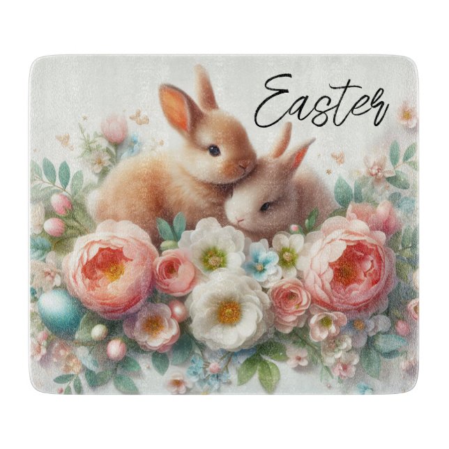 Easter Bunnies, Eggs and Flowers Cutting Board (Front)