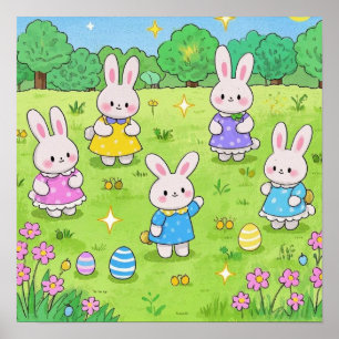 Easter Bunnies hiding eggs in a garden Poster