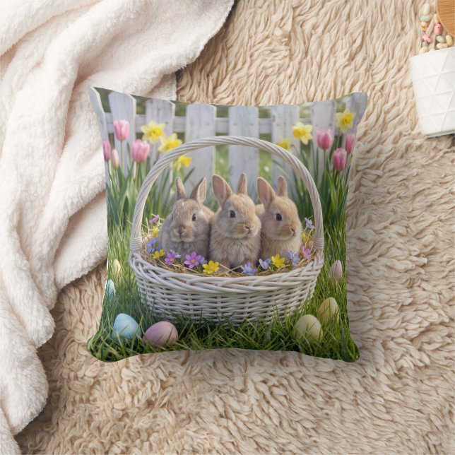 Easter Bunnies In a Wicker Basket on Grass Cushion (Blanket)