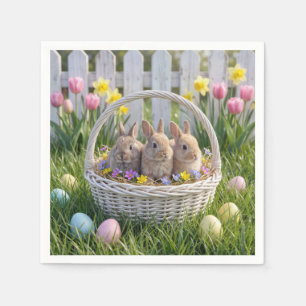 Easter Bunnies In a Wicker Basket on Grass Napkin