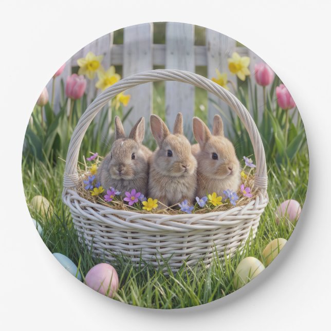 Easter Bunnies In a Wicker Basket on Grass Paper Plate (Front)