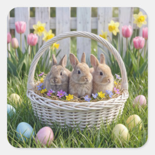 Easter Bunnies In a Wicker Basket on Grass Square Sticker