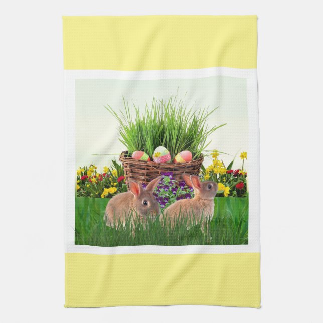 Easter Bunnies in the Garden / Spring Holiday Tea Towel (Vertical)