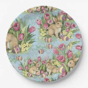 Easter Bunnies In The Garden w Tulips Paper Plate