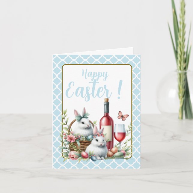 Easter Bunnies Wine With Editable Message Card (Front)