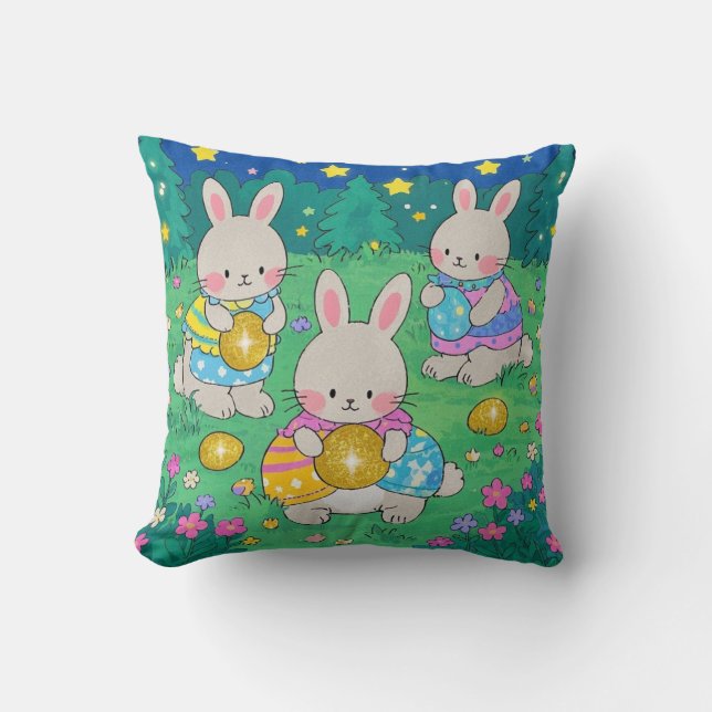 Easter Bunnies with Easter Eggs  Cushion (Front)