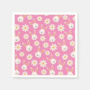 Easter Bunnies with White Flowers on Pink  Napkin