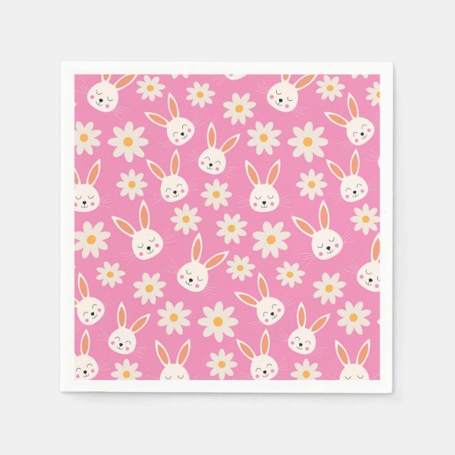 Easter Bunnies with White Flowers on Pink  Napkin (Front)
