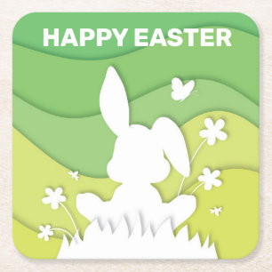 Easter bunny 3D paper cut green nature spring Square Paper Coaster