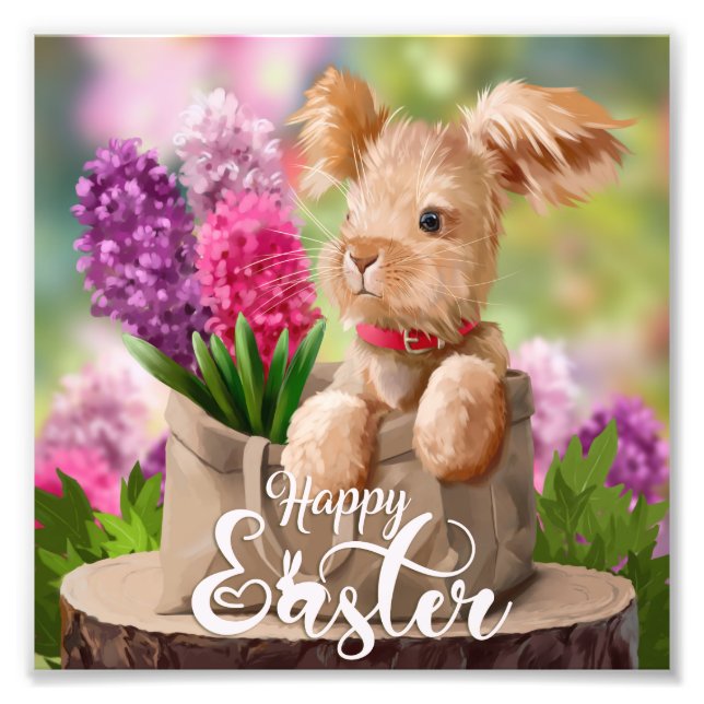 Easter bunny and a bouquet of hyacinths	 photo print (Front)