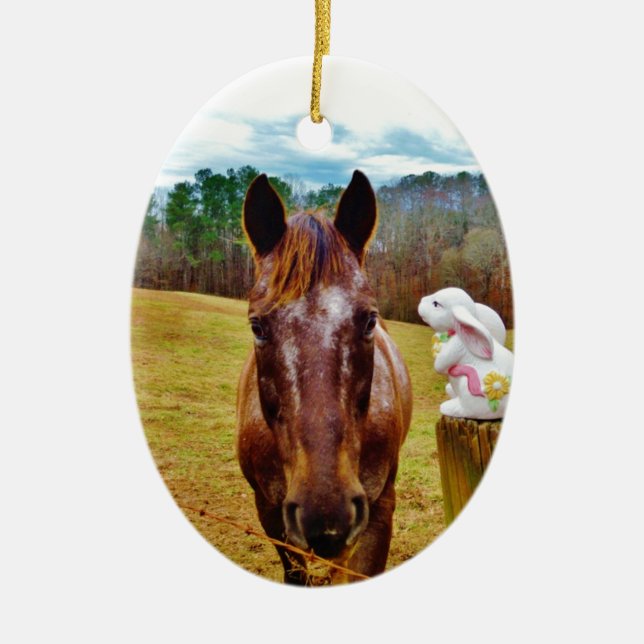 Easter Bunny and Brown horse Ceramic Tree Decoration (Front)