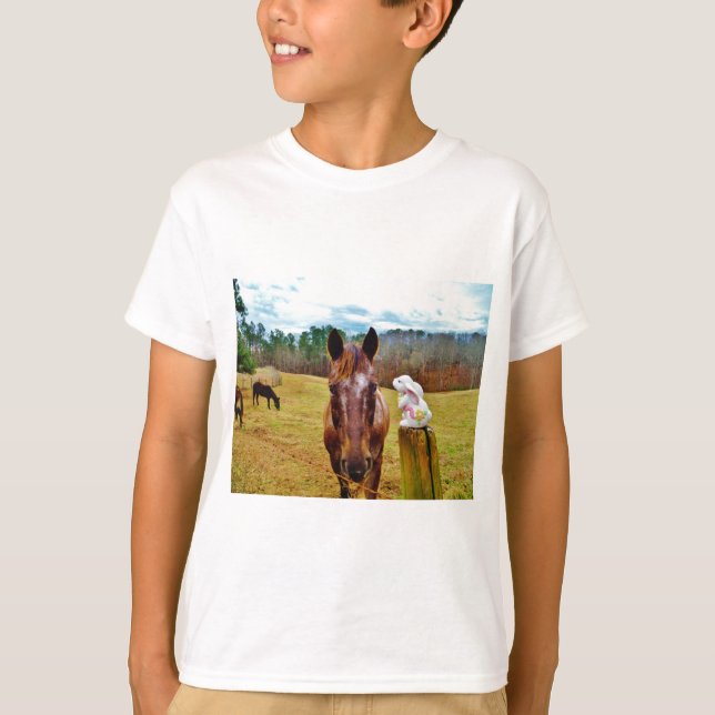 Easter Bunny and Brown horse T-Shirt (Front)