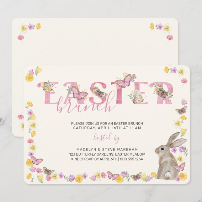 Easter Bunny and Butterfly Dainty Floral Brunch Invitation (Front/Back)