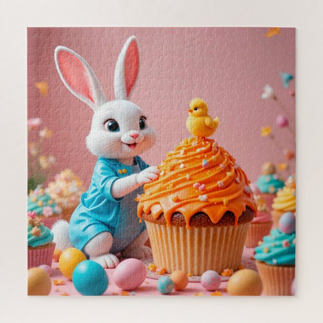 Easter Bunny and Chick with Colourful Cupcakes Jigsaw Puzzle (Vertical)