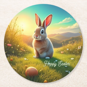 Easter Bunny and Colourful Eggs in Spring Magic Round Paper Coaster