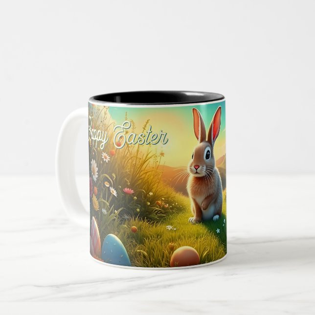 Easter Bunny and Colourful Eggs in Spring Magic Two-Tone Coffee Mug (Front Left)