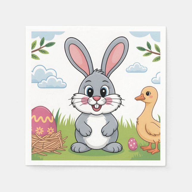 Easter Bunny and Duckling in Spring Meadow Napkin (Front)
