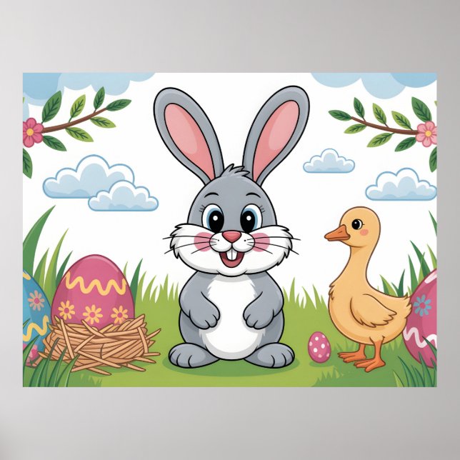 Easter Bunny and Duckling in Spring Meadow Poster (Front)