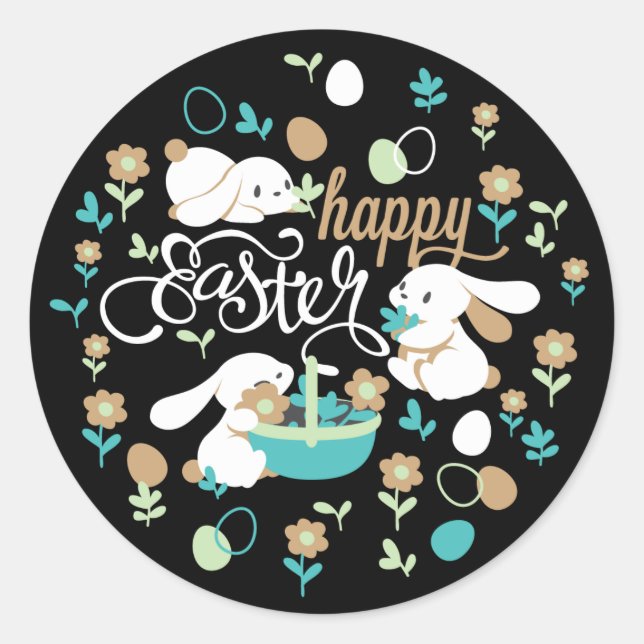 Easter Bunny and Egg Hunt Pattern on Midnight Classic Round Sticker (Front)
