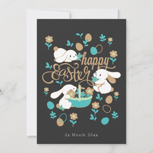 Easter Bunny and Egg Hunt Pattern on Midnight Holiday Card (Front)