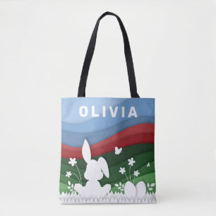 Easter bunny and eggs cartoon paper cut spring to tote bag