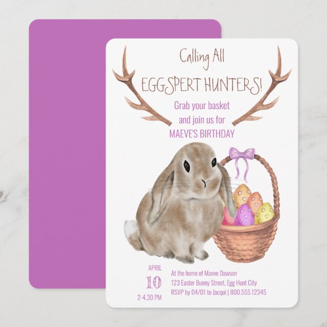 Easter Bunny and Eggs Eggspert Hunters Birthday Invitation (Front/Back)