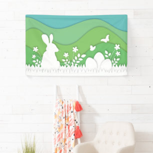 Easter bunny and eggs on meadow, spring holidays banner