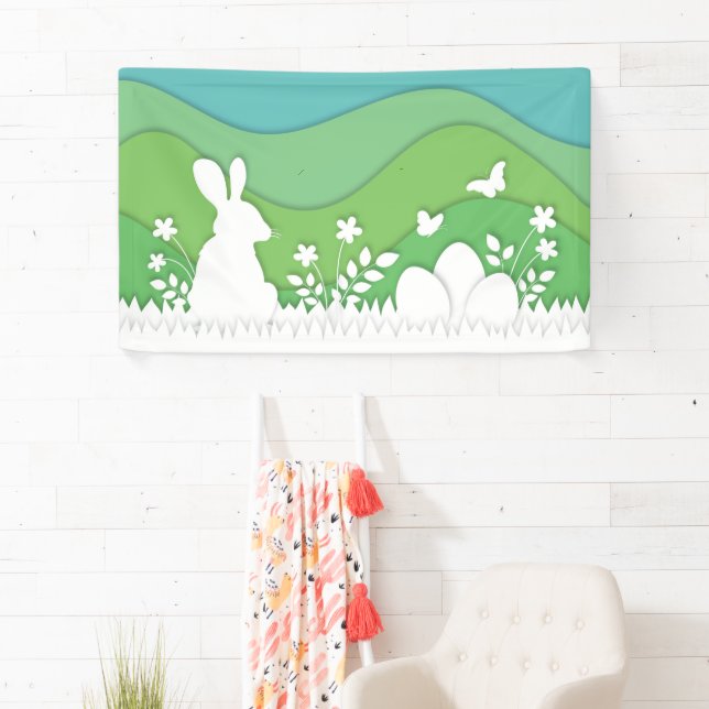 Easter bunny and eggs on meadow, spring holidays banner (Insitu)