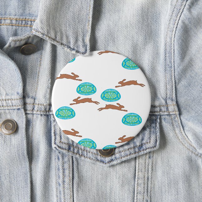 easter bunny and eggs on white 10 cm round badge (In Situ)