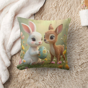 Easter Bunny and Fawn In Wildflowers Cushion