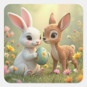 Easter Bunny and Fawn In Wildflowers Square Sticker